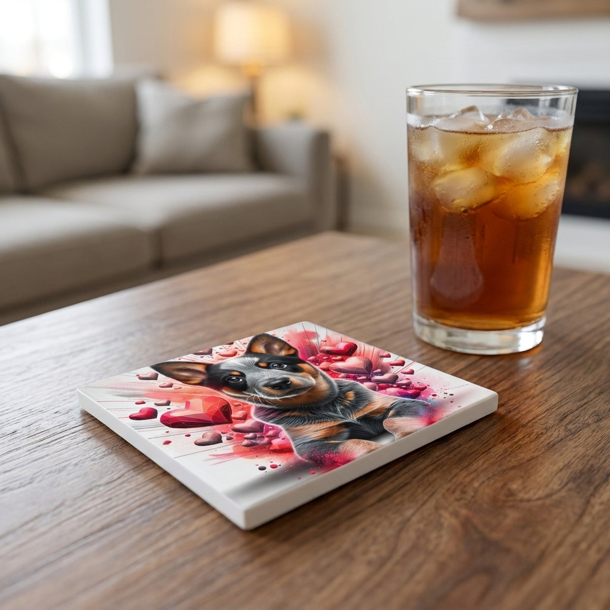 Australian Cattle Dog ceramic coasters set of 4, lifestyle