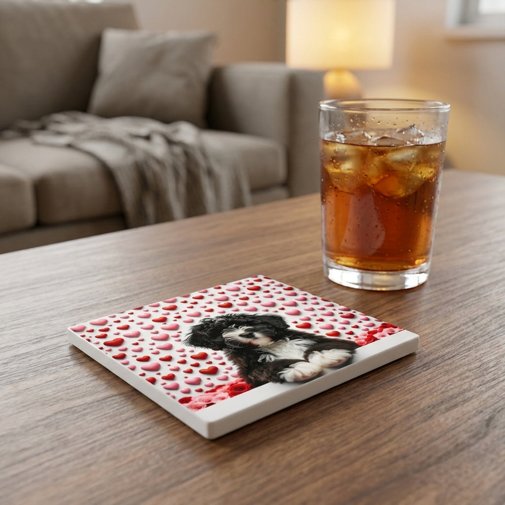 Portuguese Water Dog ceramic coasters set of 4, lifestyle