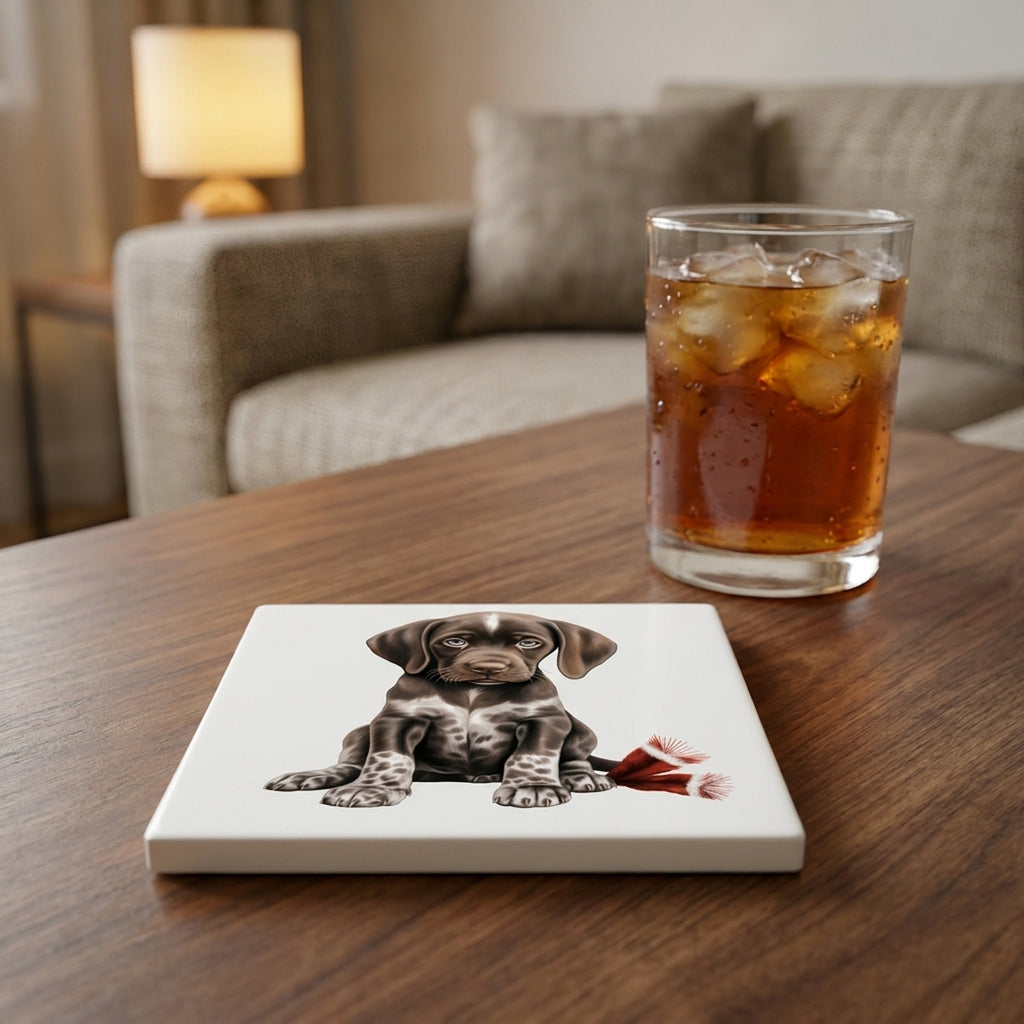 German Shorthaired Pointer Puppy Drawing ceramic coasters set of 4, lifestyle