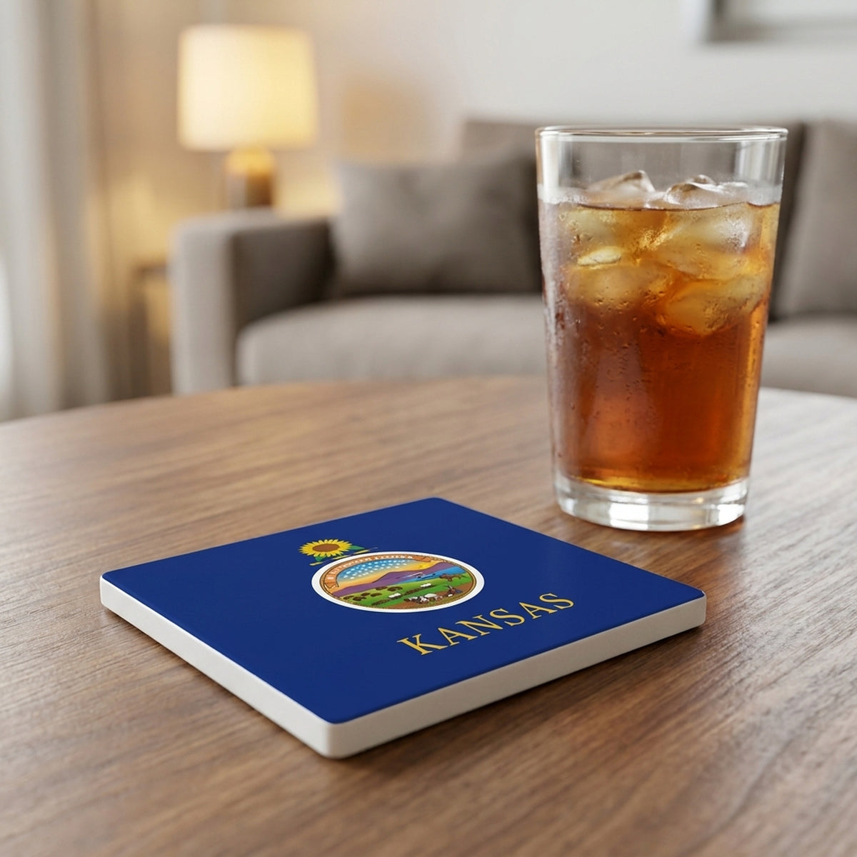 Kansas State Flag ceramic coasters set of 4, lifestyle