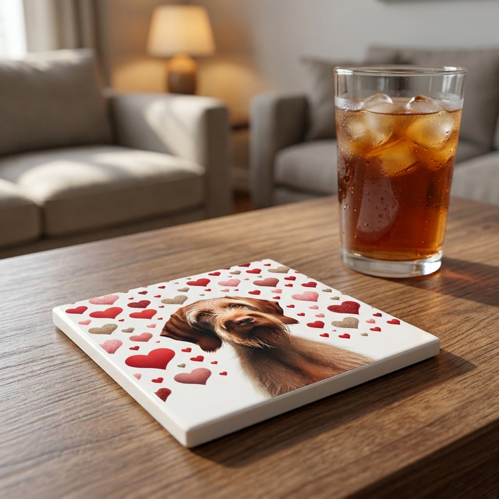 Wirehaired Vizsla ceramic coasters set of 4, lifestyle