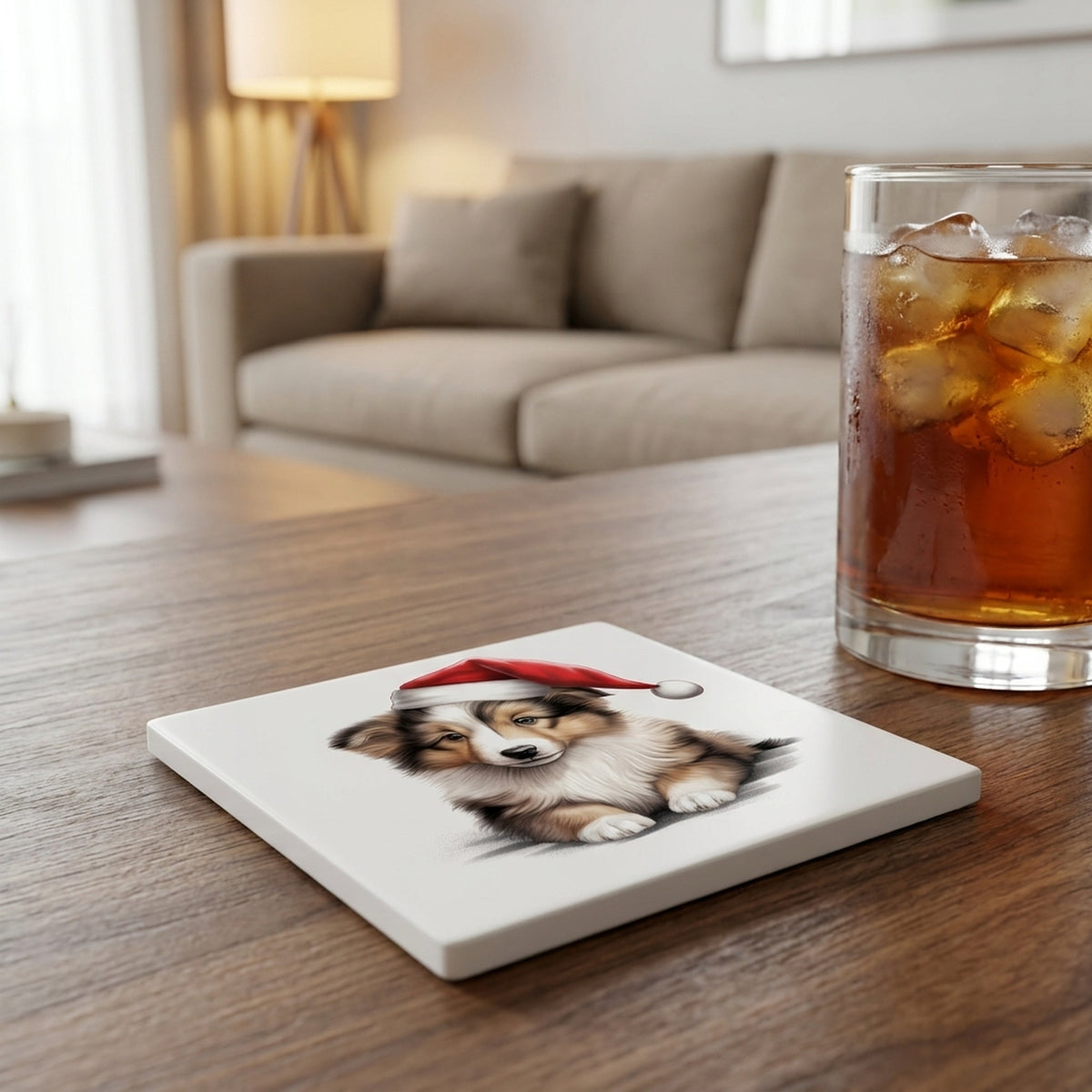 Shetland Sheepdog Puppy Drawing ceramic coasters set of 4, lifestyle