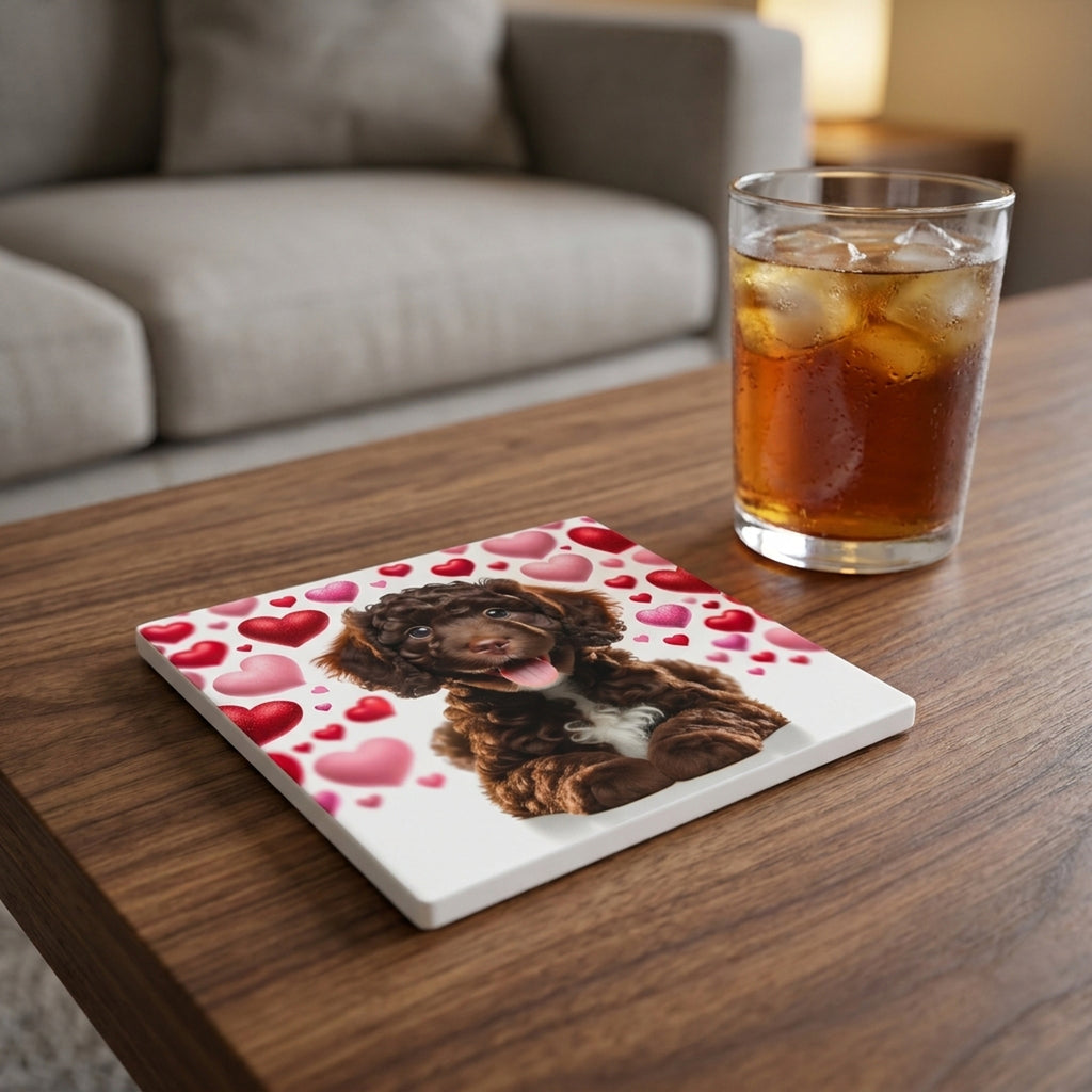 Portuguese Water Dog ceramic coasters set of 4, lifestyle