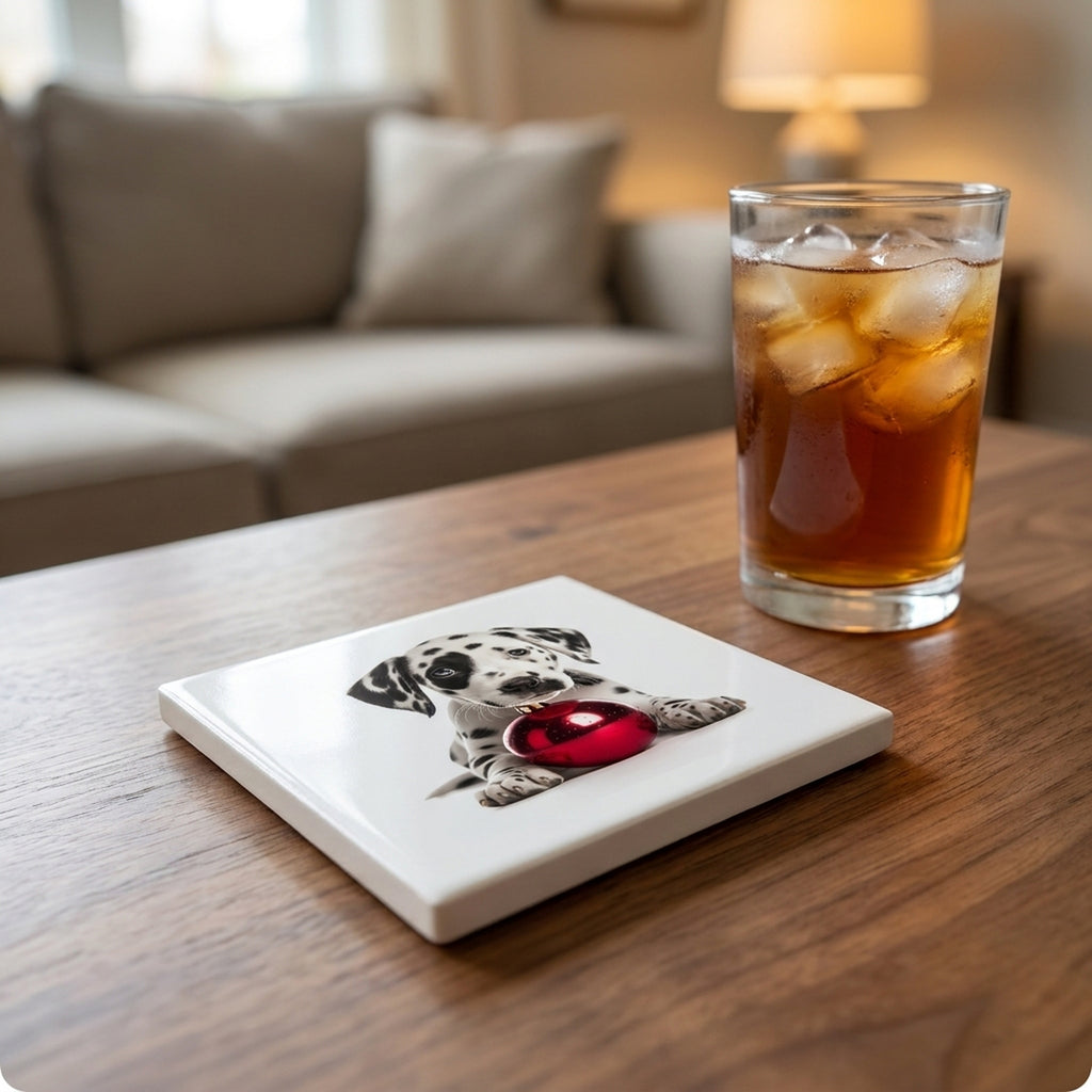 Dalmatian Puppy ceramic coasters set of 4, lifestyle