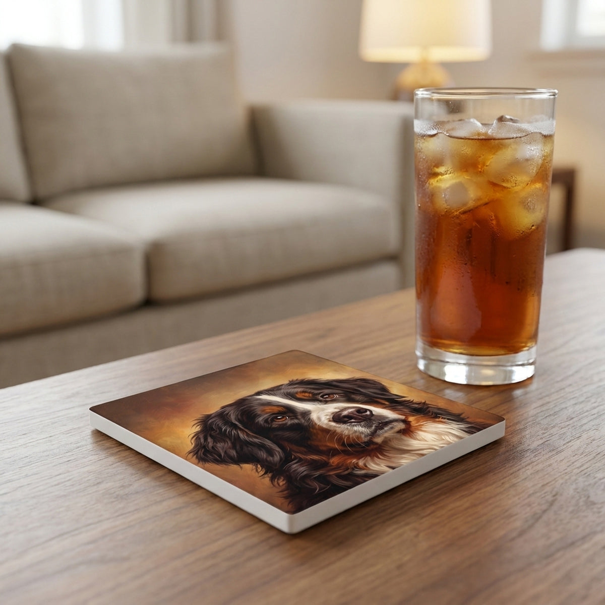 Bernese Mountain Dog Portrait ceramic coasters set of 4, lifestyle