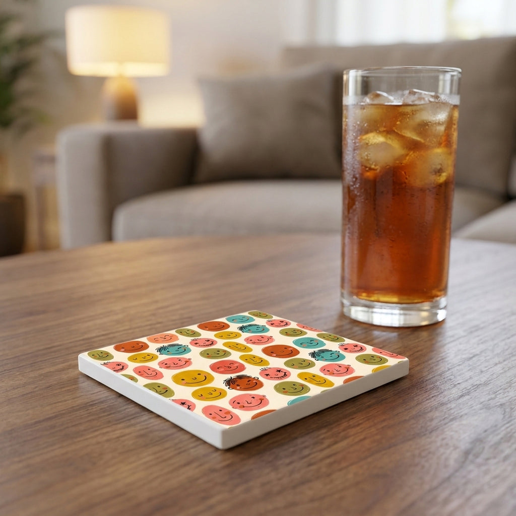 Smiley Face ceramic coasters set of 4, lifestyle