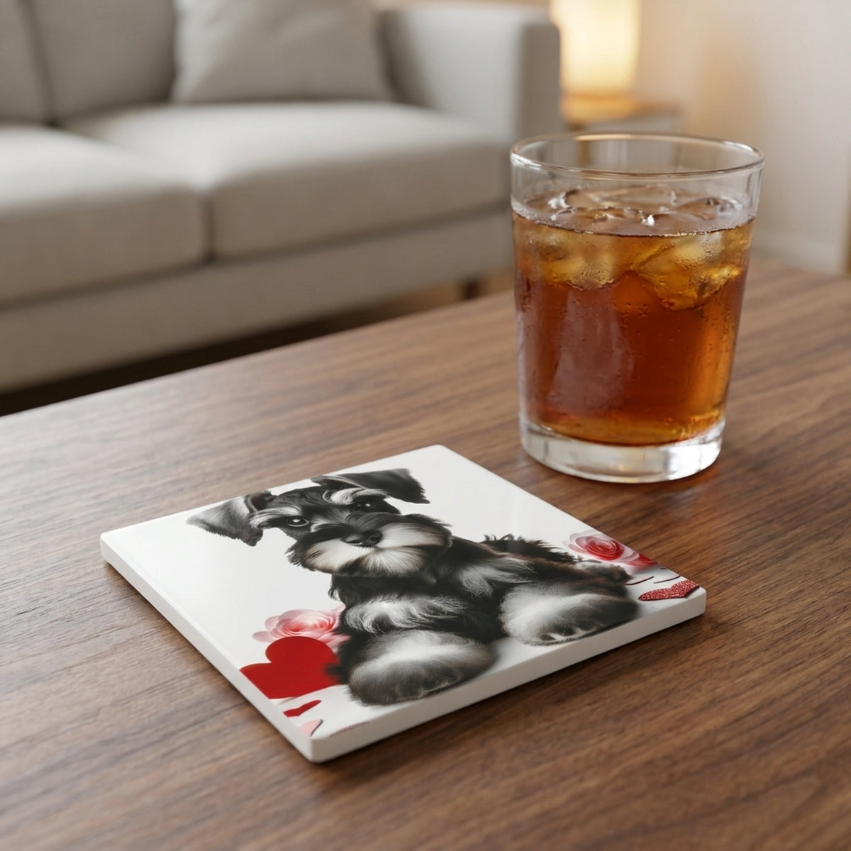 Miniature Schnauzer ceramic coasters set of 4, lifestyle