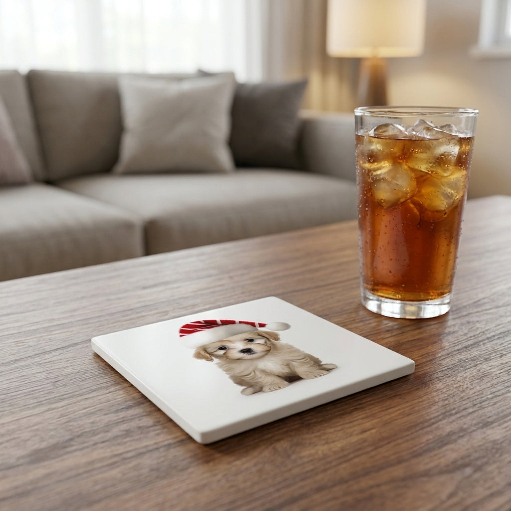 Russian Toy Puppy ceramic coasters set of 4, lifestyle