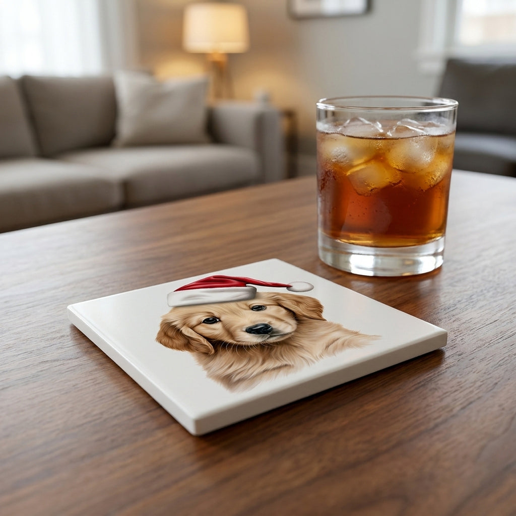 Golden Retriever Puppy Drawing ceramic coasters set of 4, lifestyle