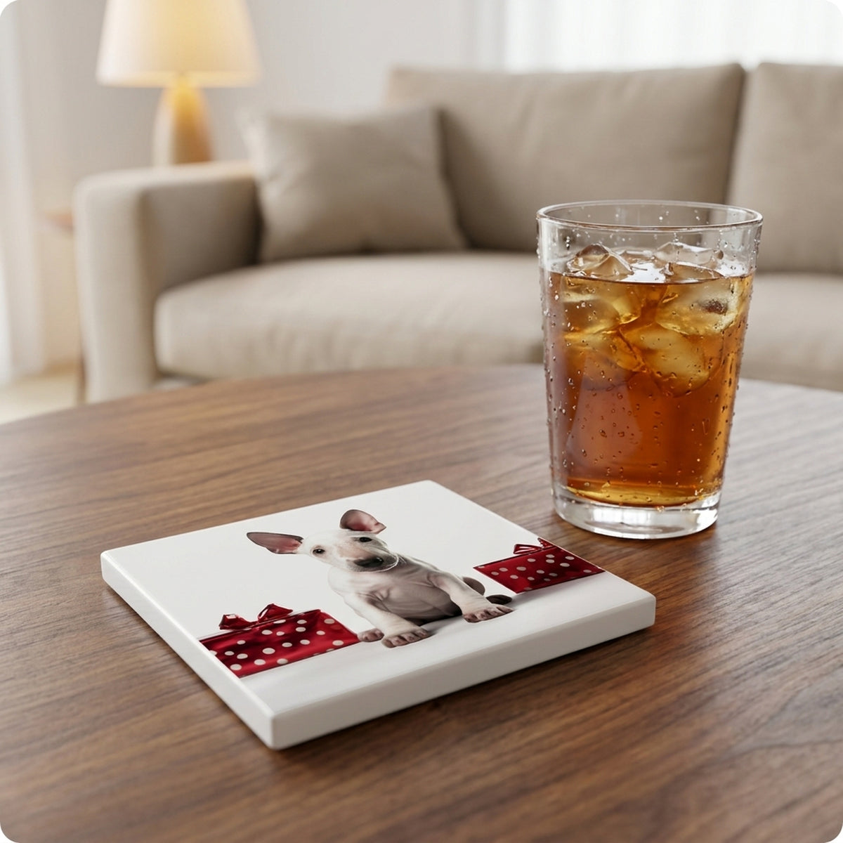 Miniature Bull Terrier Puppy ceramic coasters set of 4, lifestyle