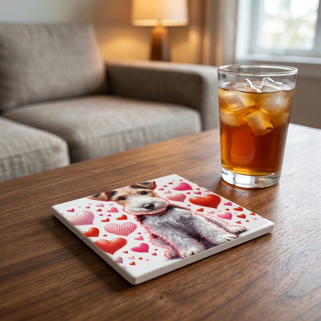 Wire Fox Terrier ceramic coasters set of 4, lifestyle