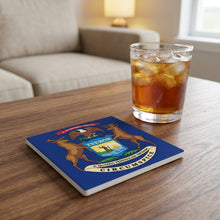 Michigan State Flag ceramic coasters set of 4, lifestyle