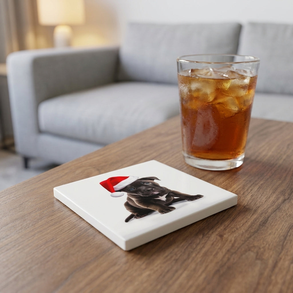 Staffordshire Bull Terrier Puppy ceramic coasters set of 4, lifestyle