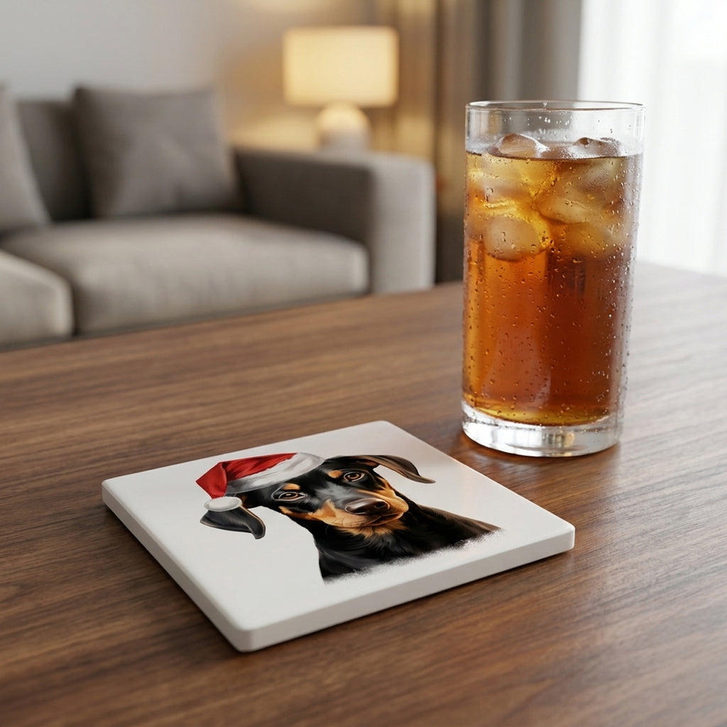 Doberman Pinscher Puppy Drawing ceramic coasters set of 4, lifestyle