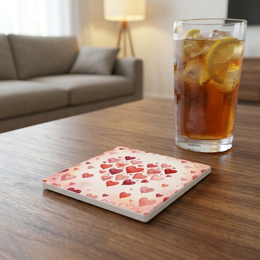 Valentine Hearts ceramic coasters set of 4, lifestyle
