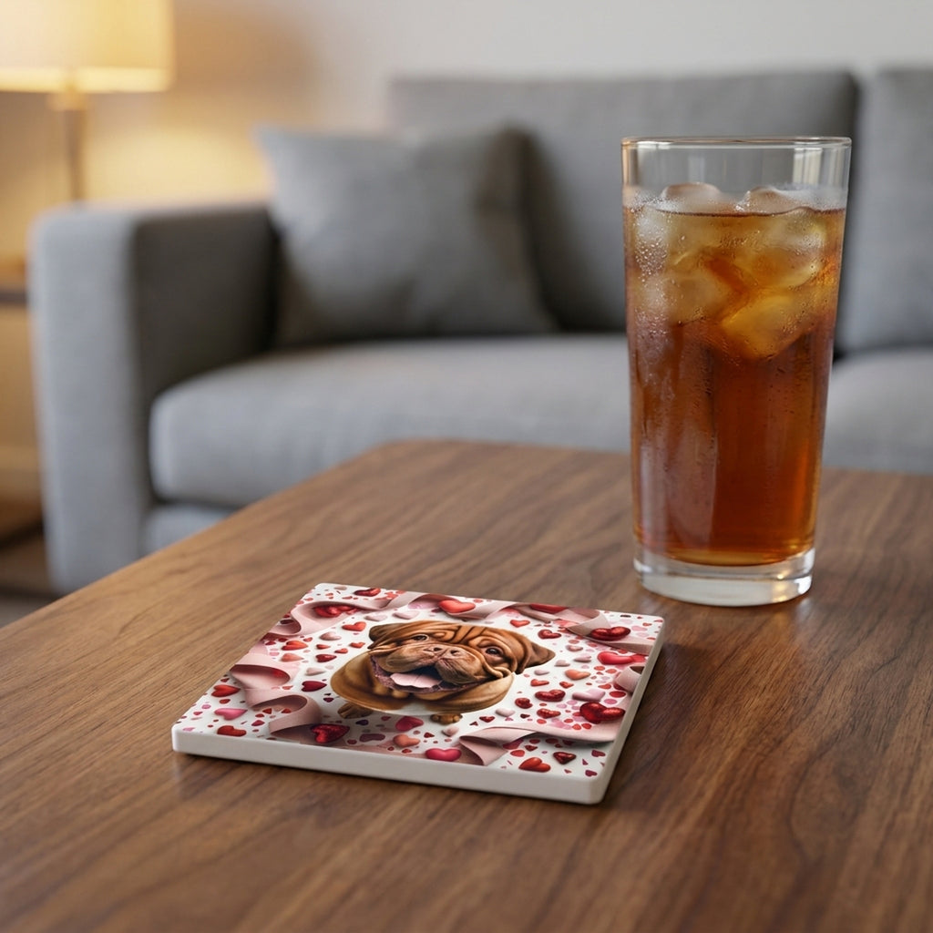 Dogue de Bordeaux ceramic coasters set of 4, lifestyle