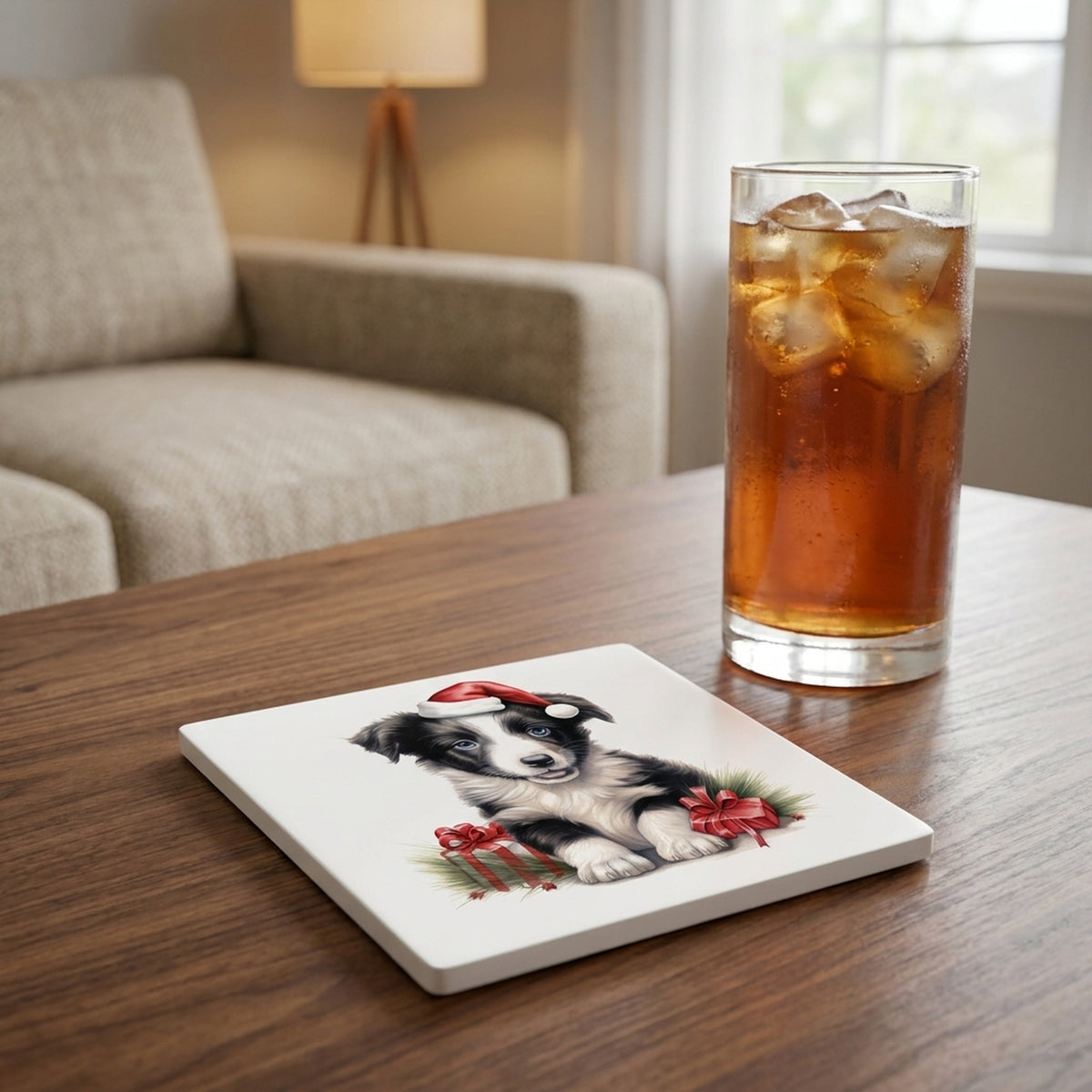 Border Collie Puppy Drawing ceramic coasters set of 4, lifestyle