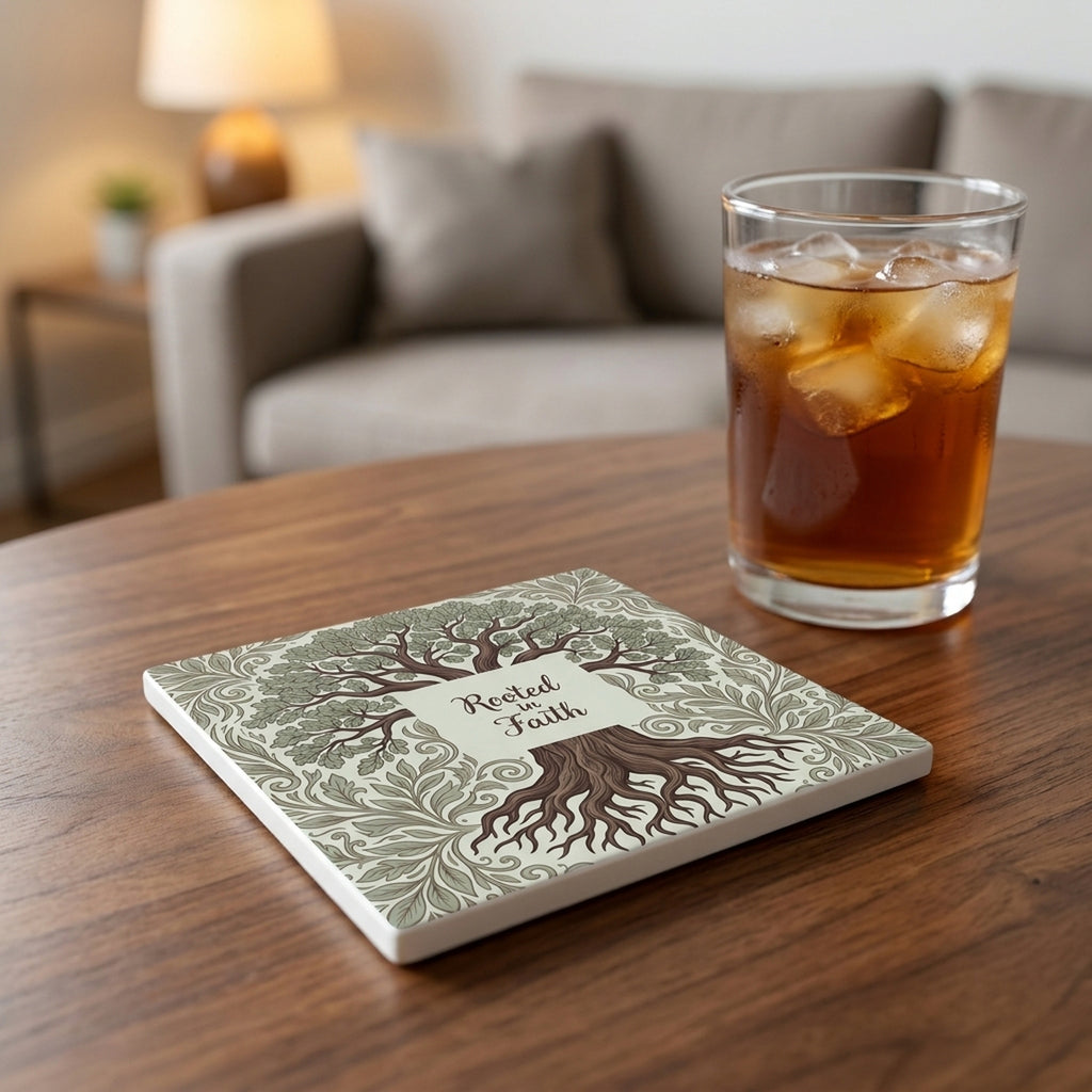 Rooted In Faith Tree ceramic coasters set of 4, lifestyle