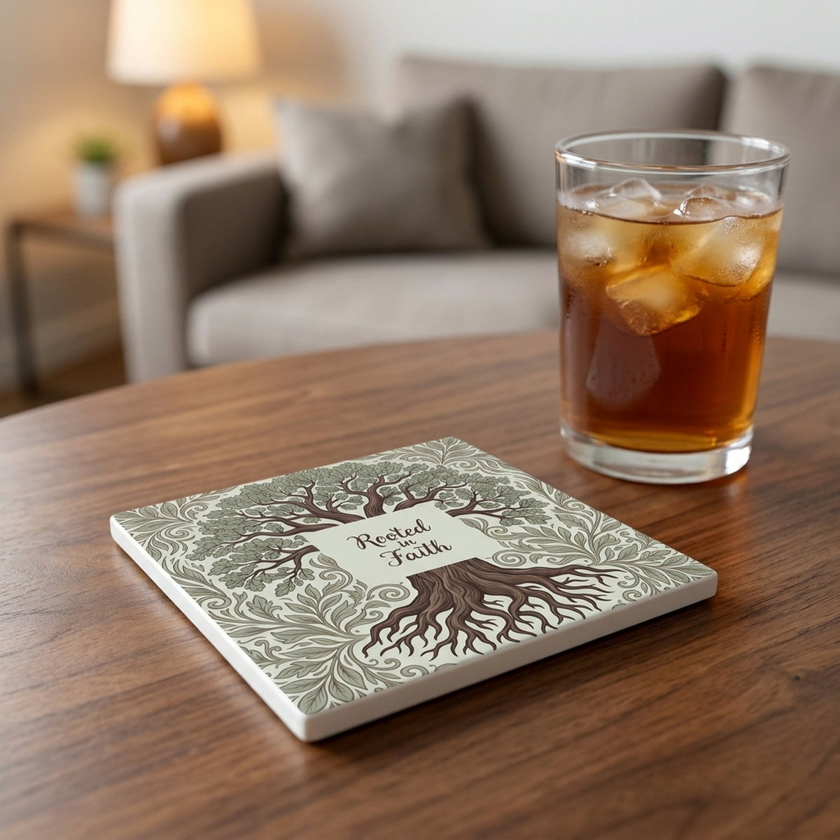 Rooted In Faith Tree ceramic coasters set of 4, lifestyle