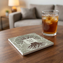 Rooted In Faith Tree ceramic coasters set of 4, lifestyle