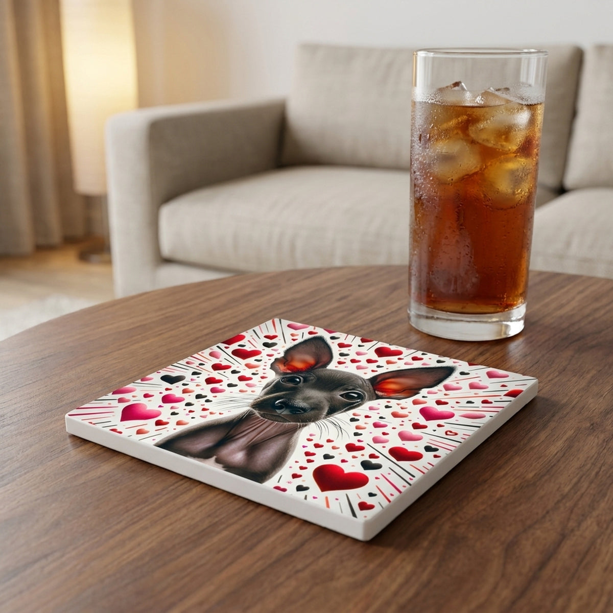 Xoloitzcuintli ceramic coasters set of 4, lifestyle