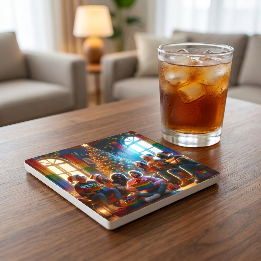 Rainbow Christmas Cheer ceramic coasters set of 4, lifestyle