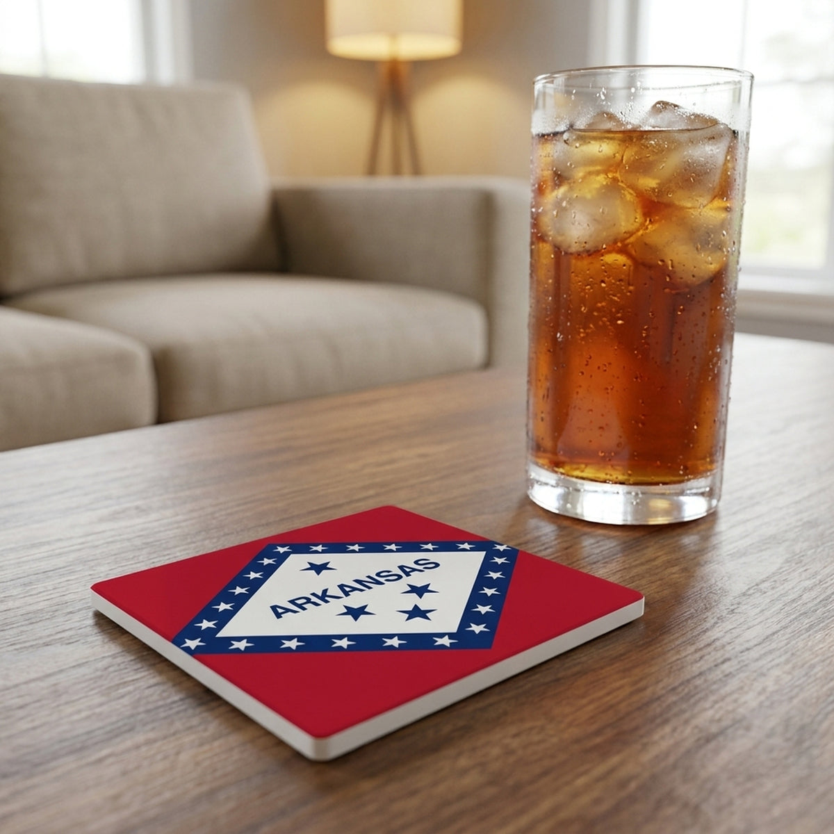 Arkansas State Flag ceramic coasters set of 4, lifestyle