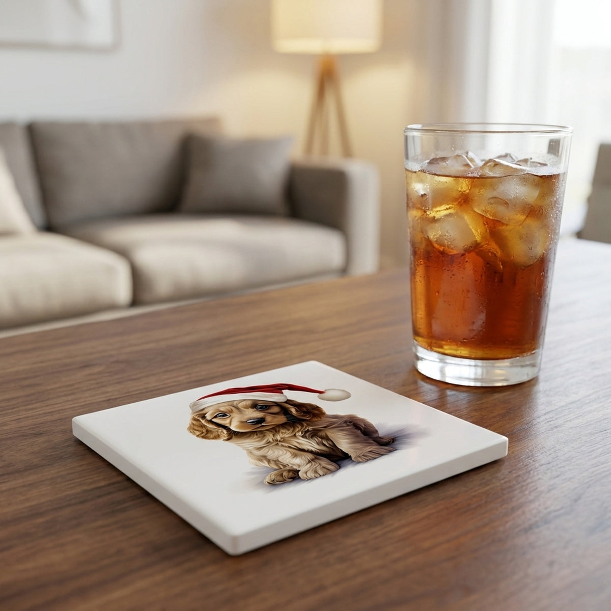 Cocker Spaniel Puppy Drawing Design ceramic coasters set of 4, lifestyle