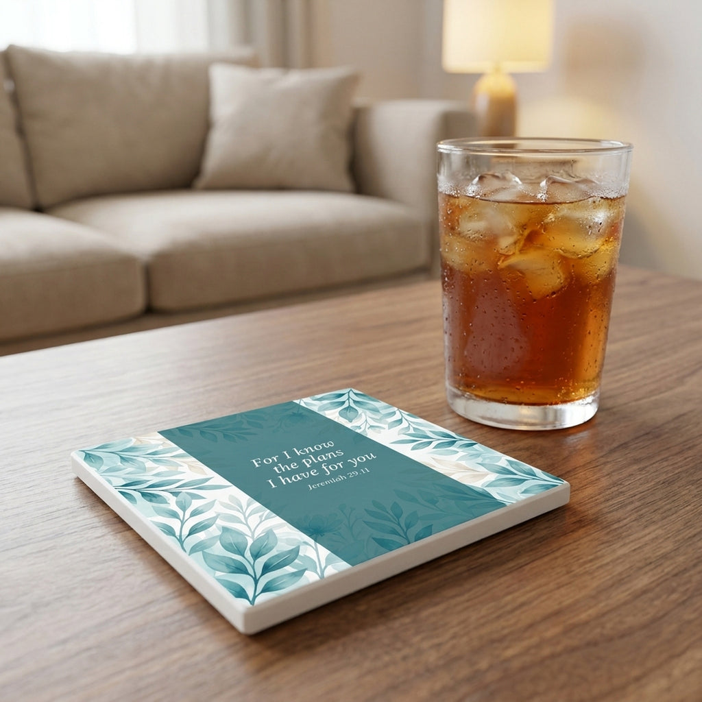 Jeremiah 29:11 ceramic coasters set of 4, lifestyle