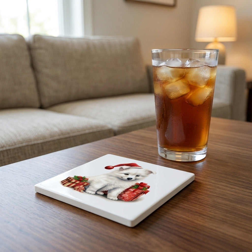 American Eskimo Dog Puppy Drawing ceramic coasters set of 4, lifestyle