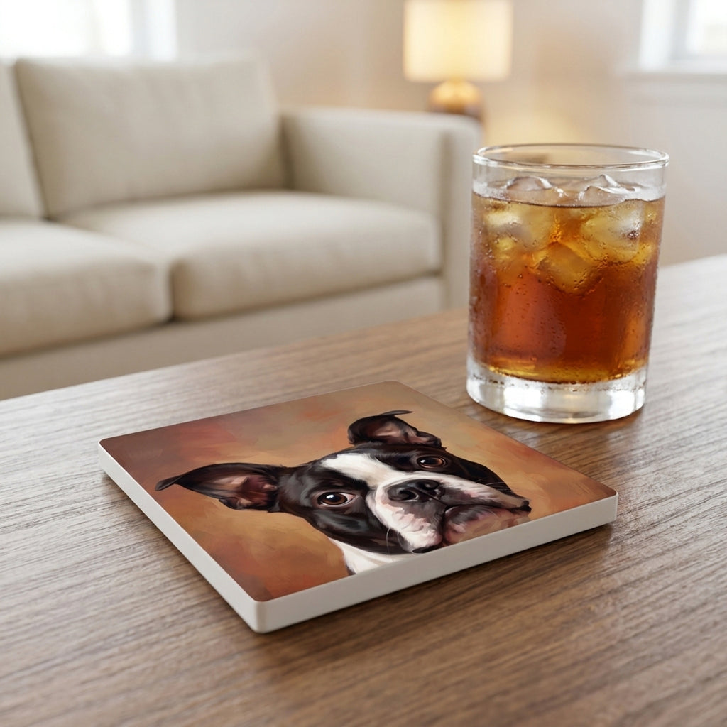 Boston Terrier Portrait ceramic coasters set of 4, lifestyle