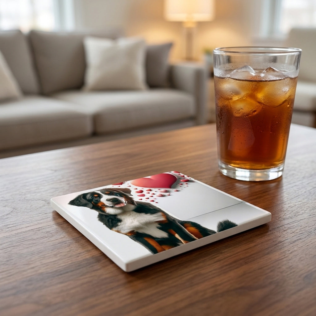 Bernese Mountain Dog ceramic coasters set of 4, lifestyle