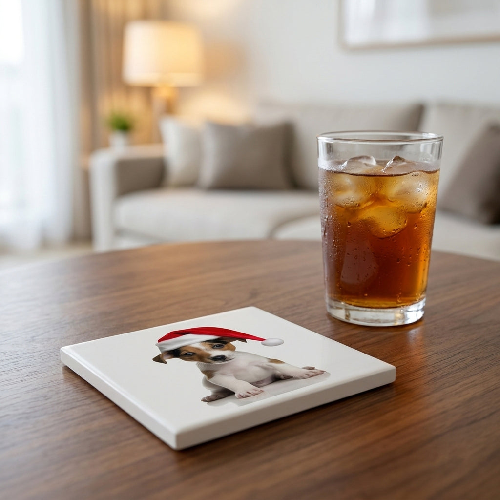 Smooth Fox Terrier Puppy ceramic coasters set of 4, lifestyle