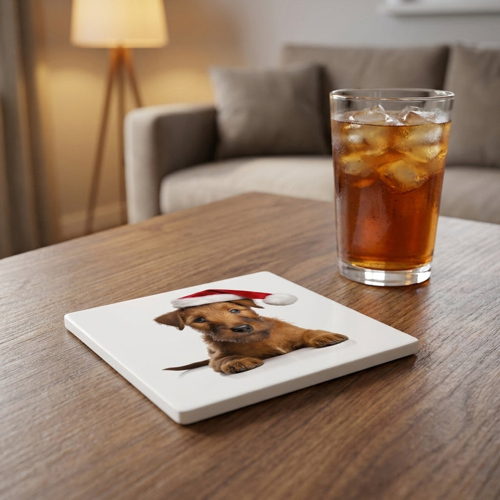 Irish Terrier Puppy ceramic coasters set of 4, lifestyle