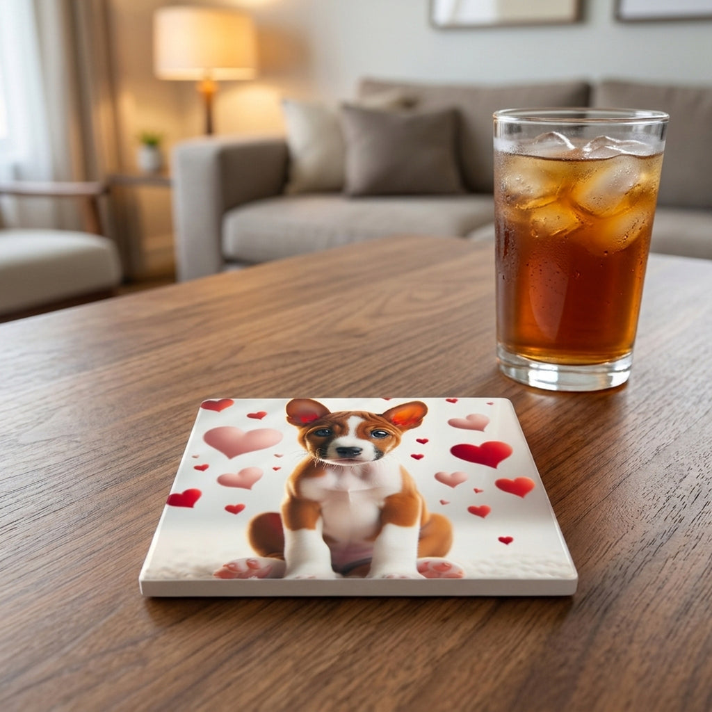 Basenji ceramic coasters set of 4, lifestyle