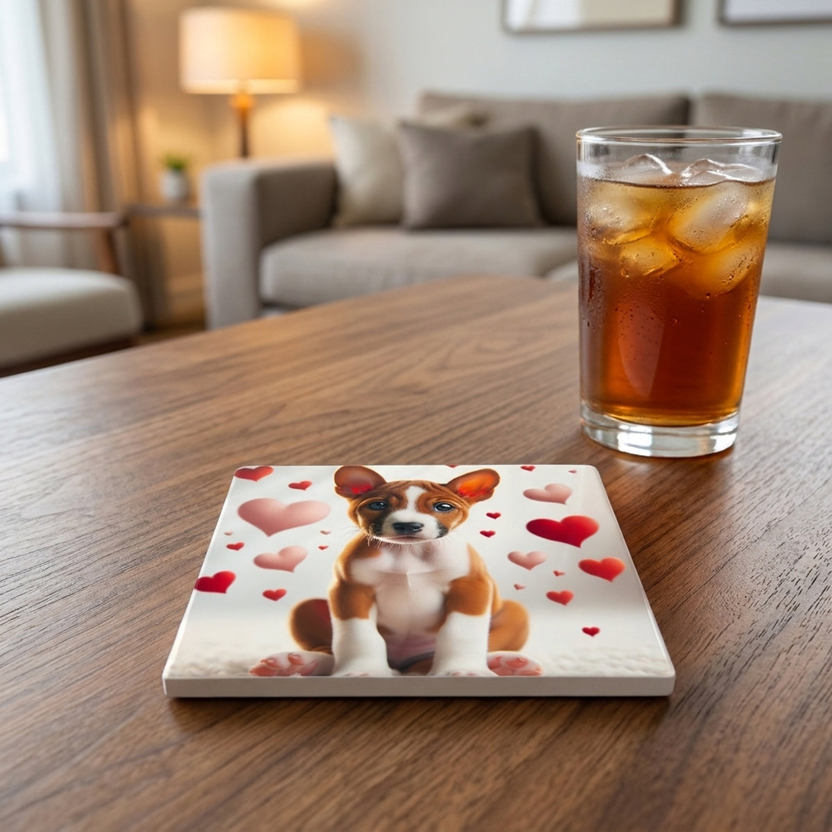Basenji ceramic coasters set of 4, lifestyle