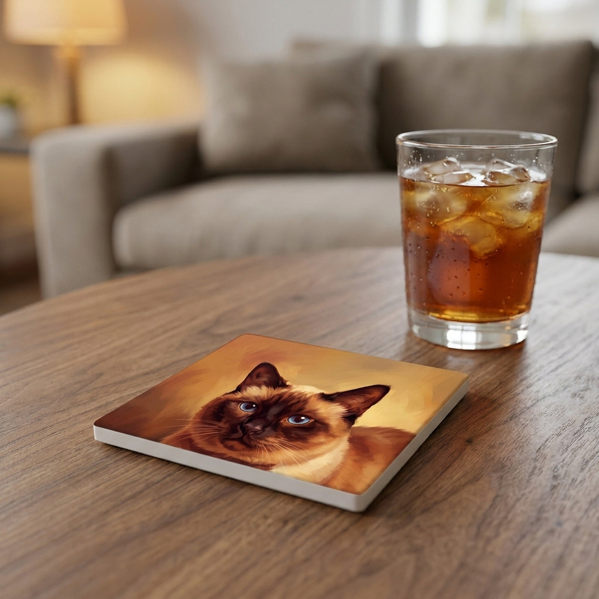 Siamese Cat Portrait ceramic coasters set of 4, lifestyle
