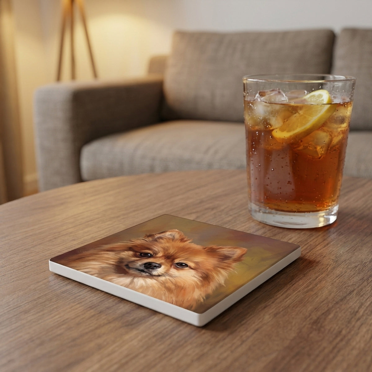 Pomeranian Portrait ceramic coasters set of 4, lifestyle