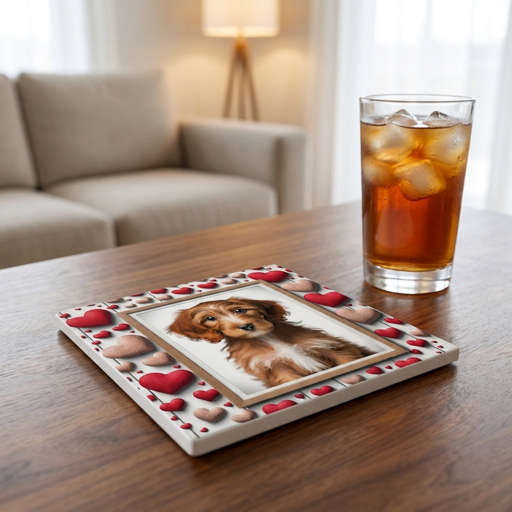 Goldendoodle ceramic coasters set of 4, lifestyle