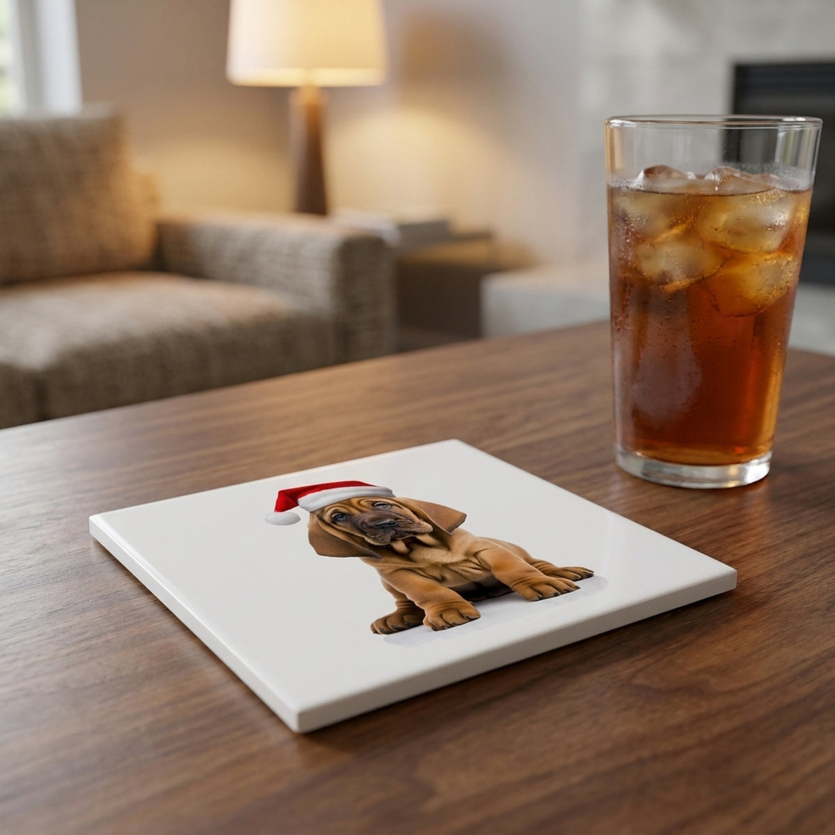 Bloodhound Puppy ceramic coasters set of 4, lifestyle