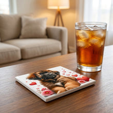 Leonberger ceramic coasters set of 4, lifestyle