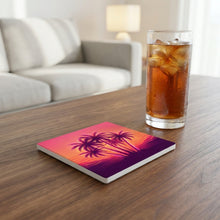 Neon Palm Sunset ceramic coasters set of 4, lifestyle