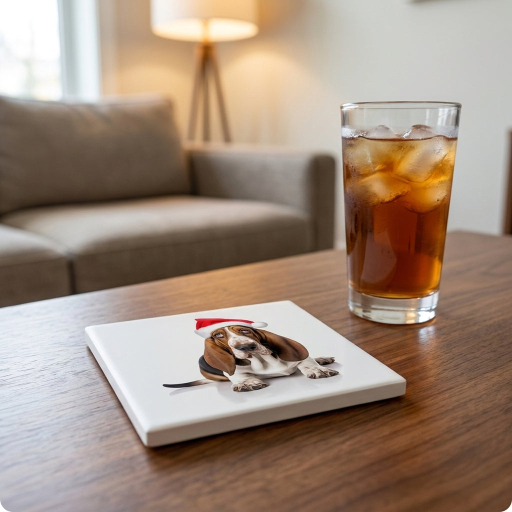 Basset Hound ceramic coasters set of 4, lifestyle