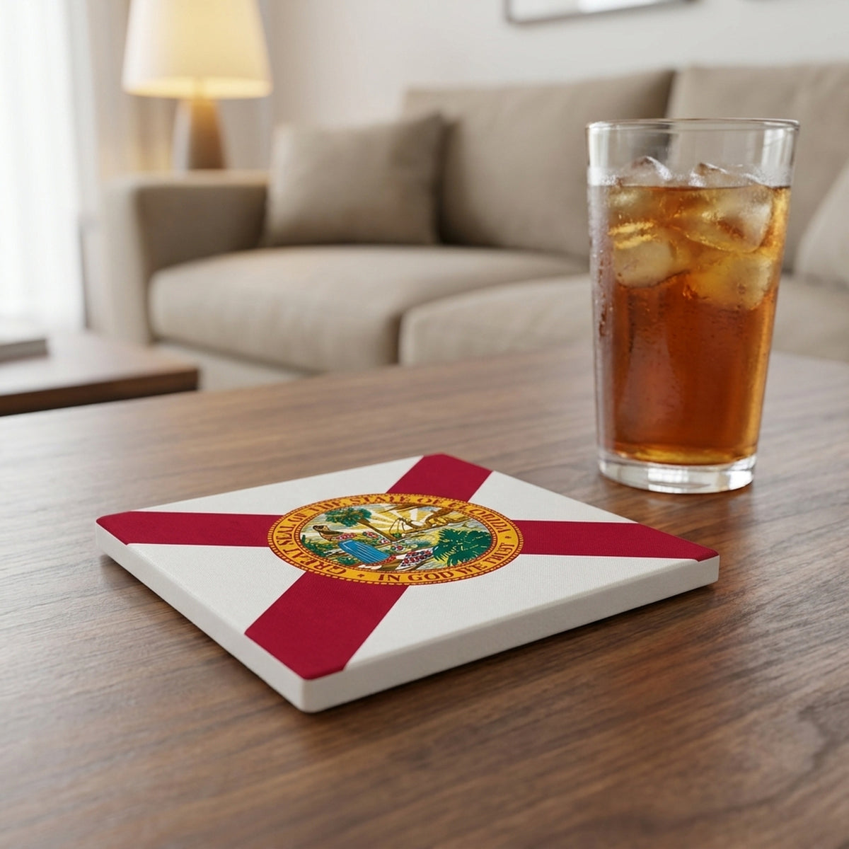 Florida State Flag ceramic coasters set of 4, lifestyle