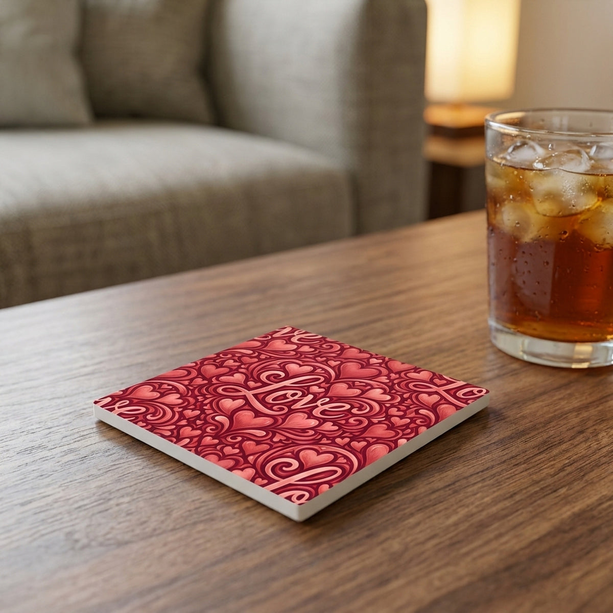 Love Script Hearts ceramic coasters set of 4, lifestyle