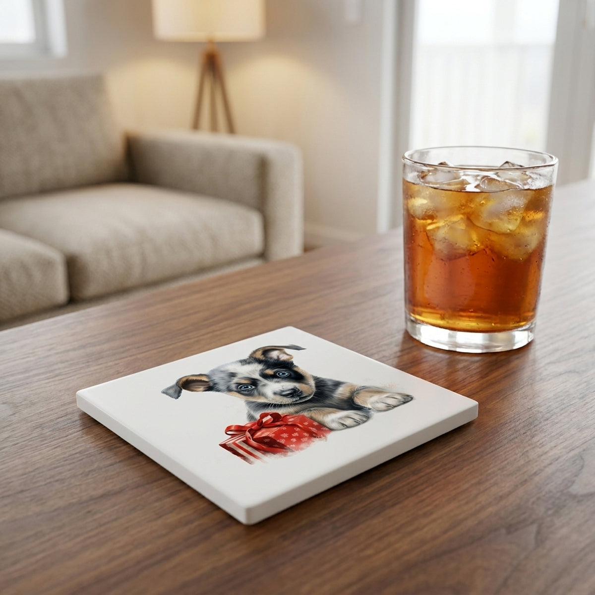 Australian Cattle Dog Puppy Drawing ceramic coasters set of 4, lifestyle