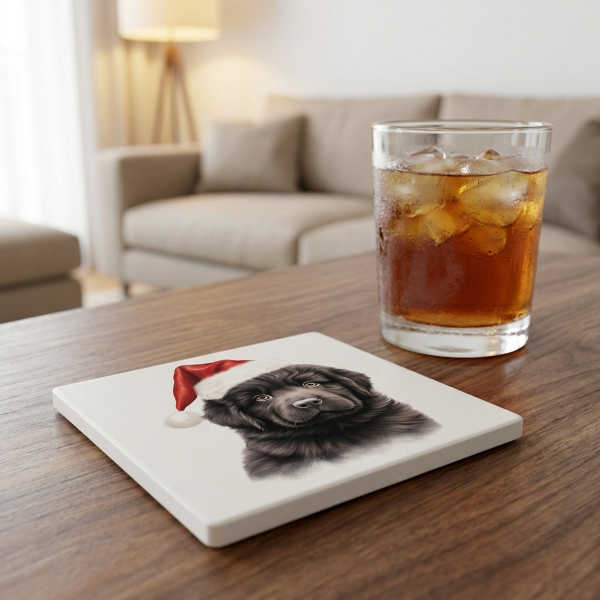 Newfoundland Puppy Drawing ceramic coasters set of 4, lifestyle