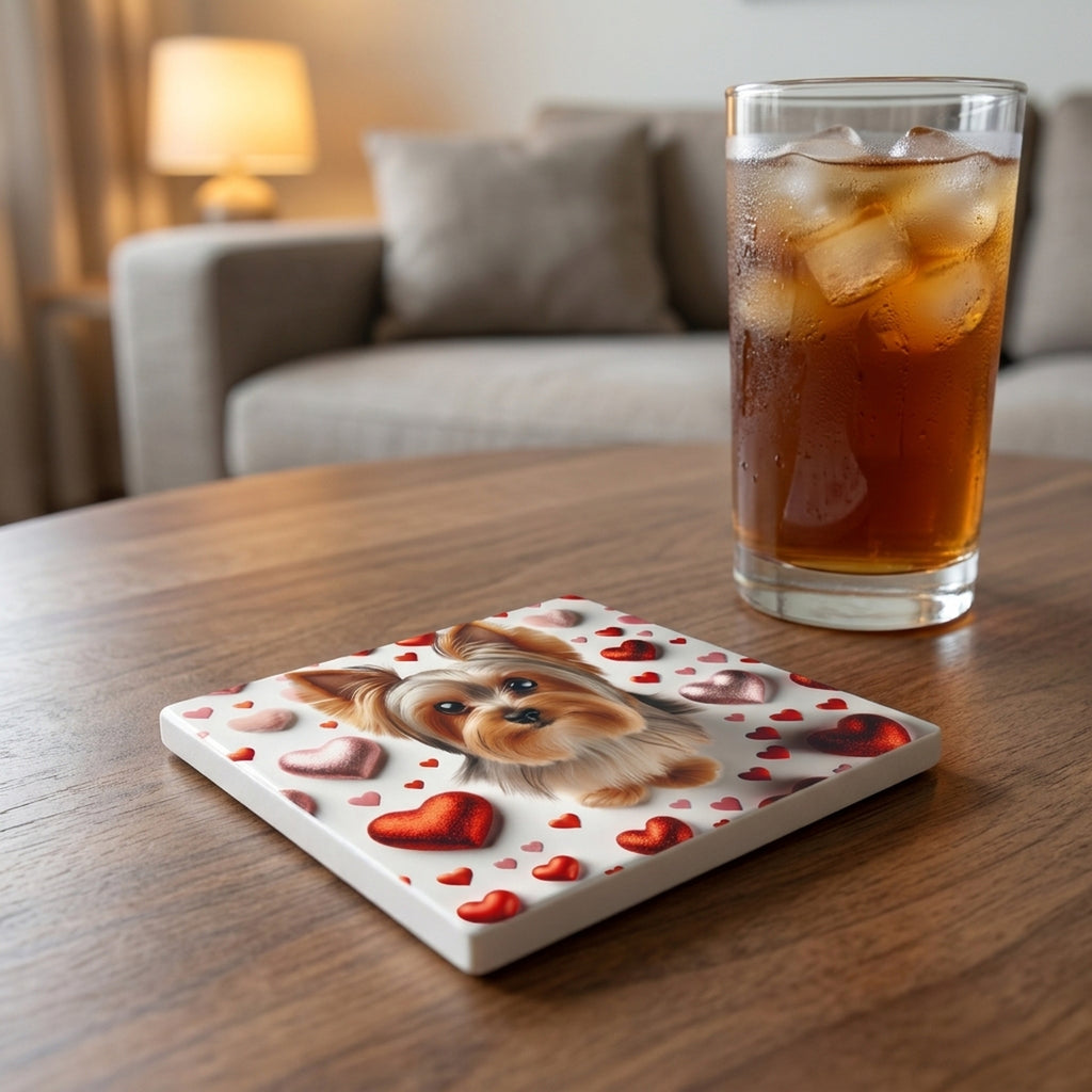 Yorkshire Terrier ceramic coasters set of 4, lifestyle