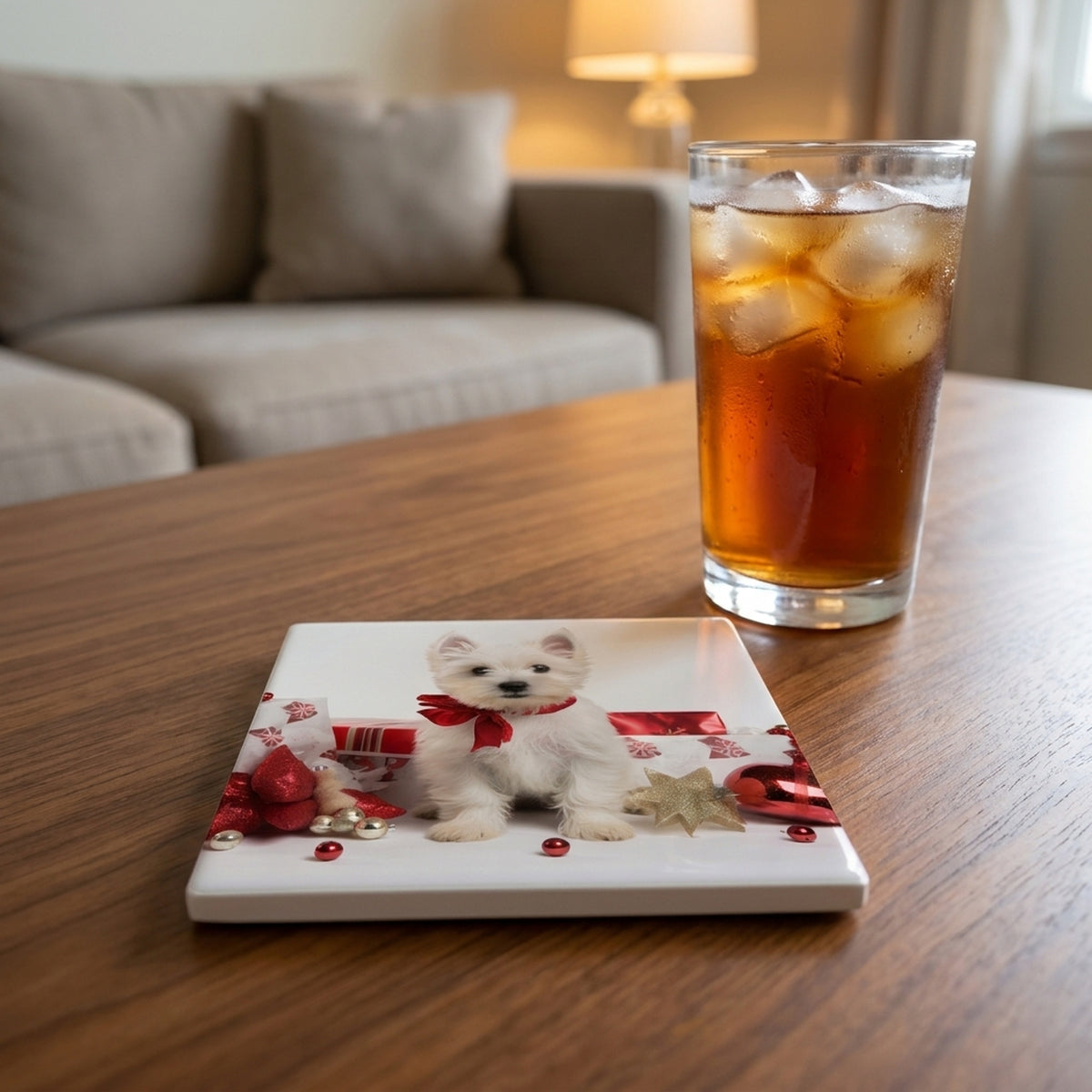 West Highland White Terrier Puppy ceramic coasters set of 4, lifestyle