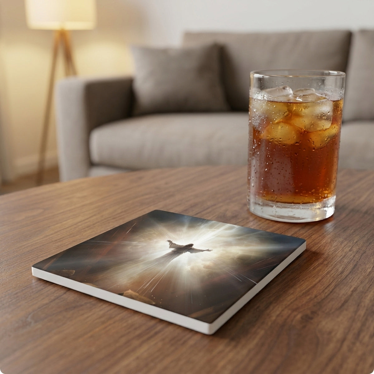 Radiant Heavenly Light ceramic coasters set of 4, lifestyle